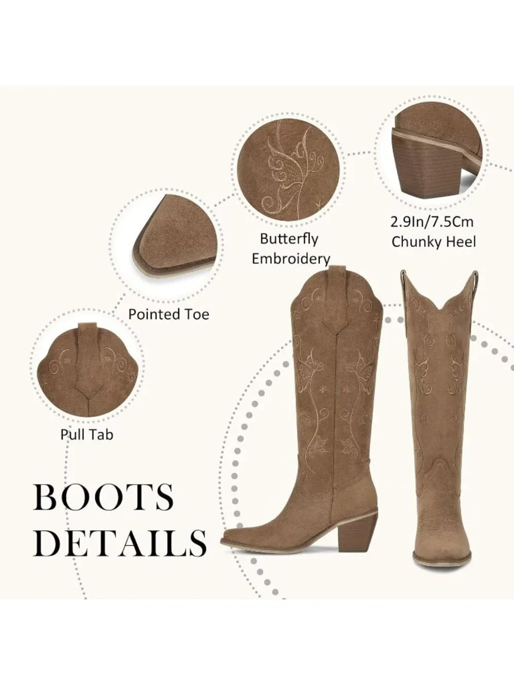 Women's Suede Tan Chunky Heel Slip on Pointed Knee High Cowgirl Tall Boots